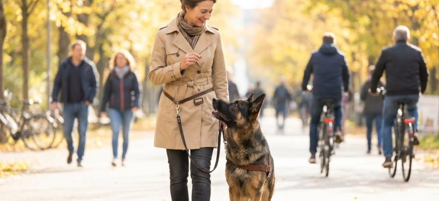 Дрессировка собак в городском парке Мария Соколова обучает овчарку Мухтара команде рядом на фоне аллеи