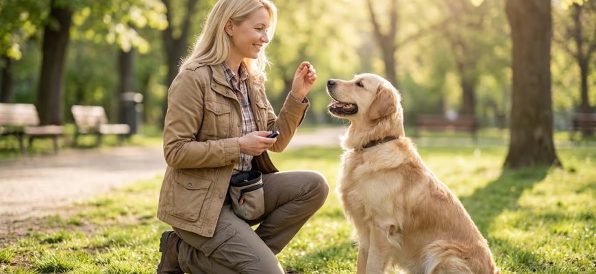Кинолог Мария Соколова использует позитивное подкрепление, давая лакомство собаке в парке