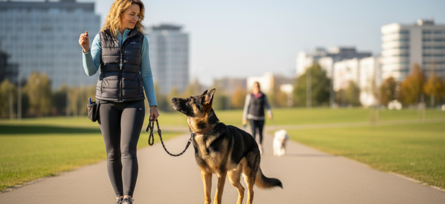 Кинолог Мария Соколова корректирует агрессия у собак на прогулке, используя метод дистанции и поощрение