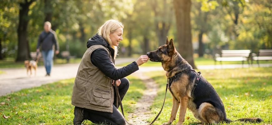 Лай на собак кинолог Мария Соколова учит реактивную собаку спокойствию на прогулке в парке