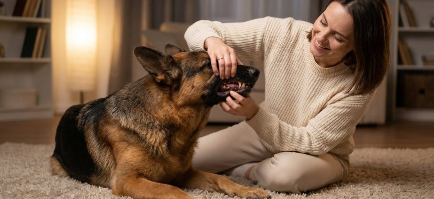 Симптомы у собаки кинолог Мария Соколова осматривает дёсны и глаза собаки в домашней обстановке