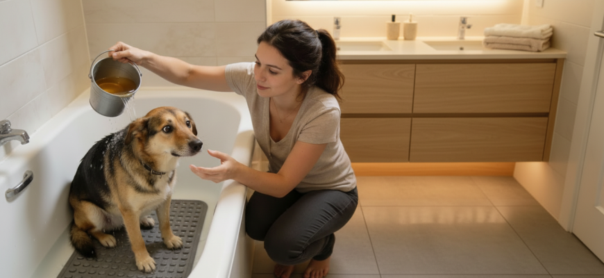 Собака в ванной расслаблена, хозяйка ласково моет ей спину. Собака не боится мытья