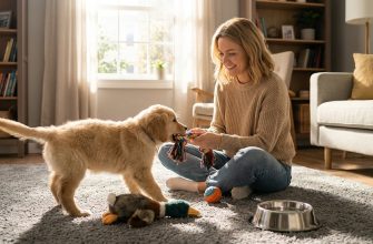 Счастливый щенок дома золотистого ретривера играет на ковре с кинологом Марией Соколовой