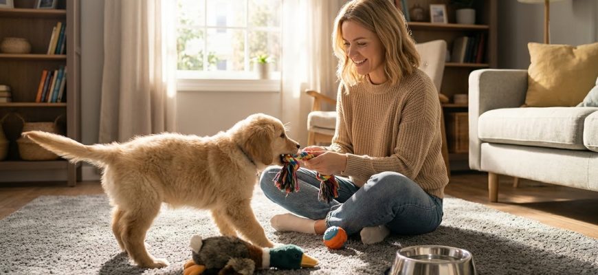 Счастливый щенок дома золотистого ретривера играет на ковре с кинологом Марией Соколовой