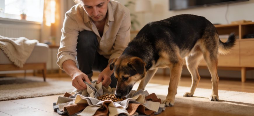 Хозяин кормит собаку из нюхательного коврика дома