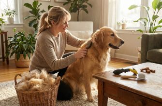 линька собаки Девушка вычесывает золотистого ретривера Джесси в уютной квартире, рядом лежат разные щетки и фурминатор